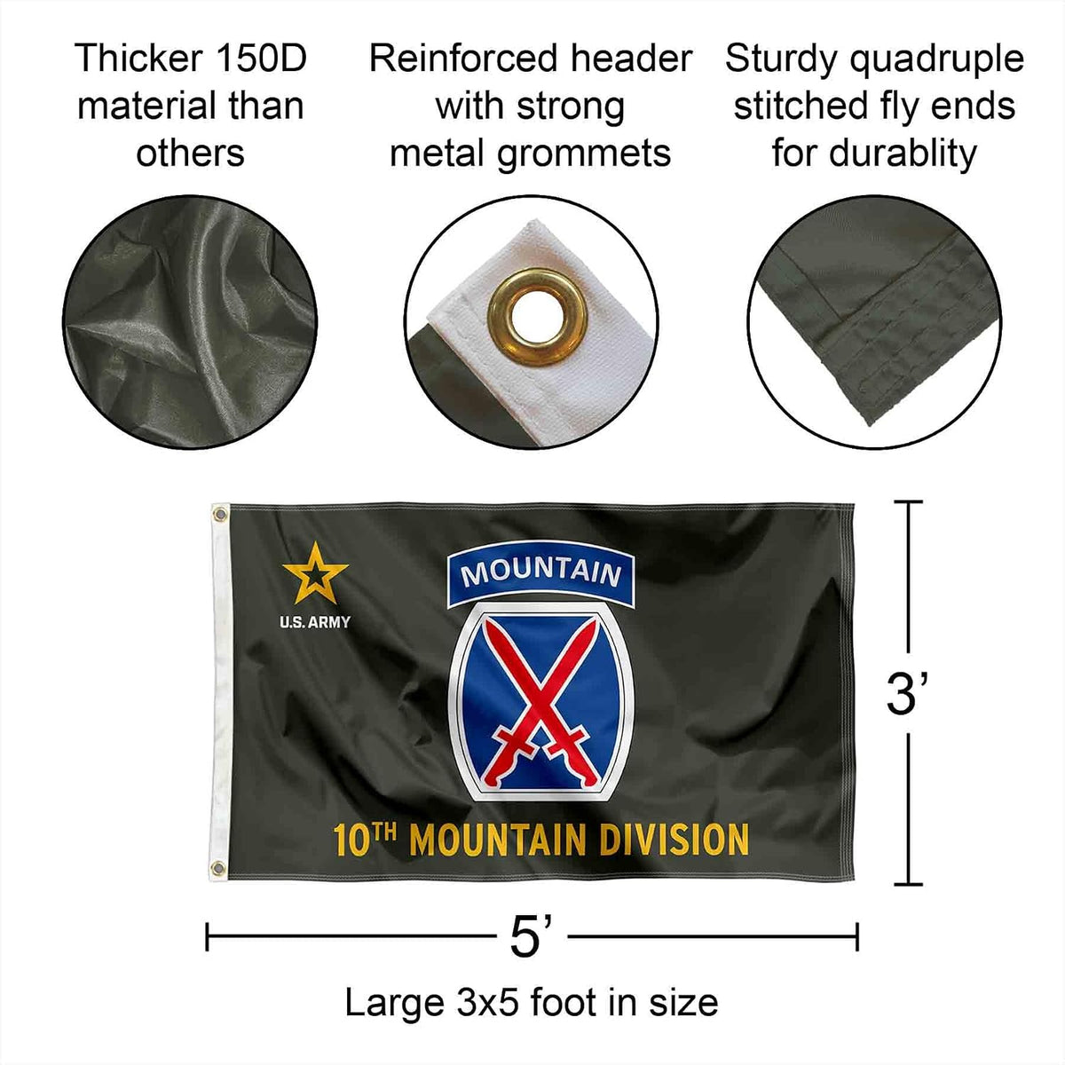 US Army 10Th Mountain Division Banner Grommet 3X5 Flag