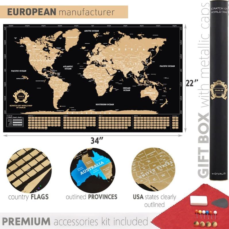 Scratch off World Map - Extra Large - Easy to Frame Scratchable World Map Poster - Best Travel World Map Gift - All Accessories - Premium Detailed Scratch off Map of the World - for Globetrotter
