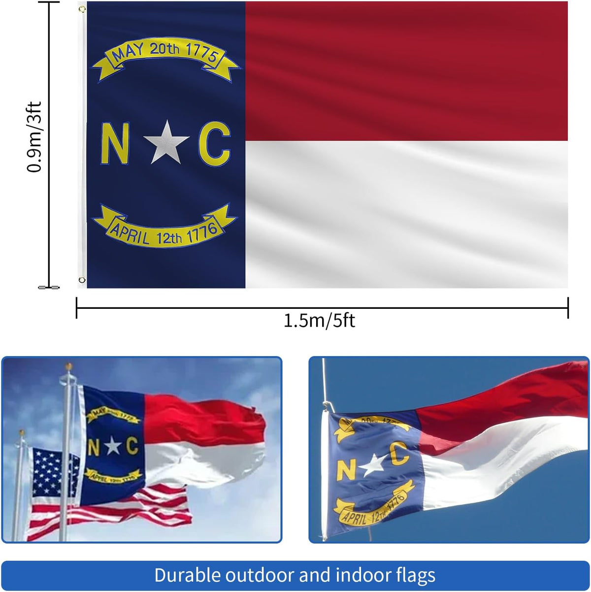 North Carolina Flag 3X5 FT Outdoor, NC Flag Embroidered Heavy Duty Outside