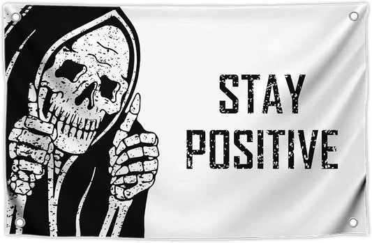 3X5 Flag "Stay Positive" with Four Brass Grommets - Vintage Skull