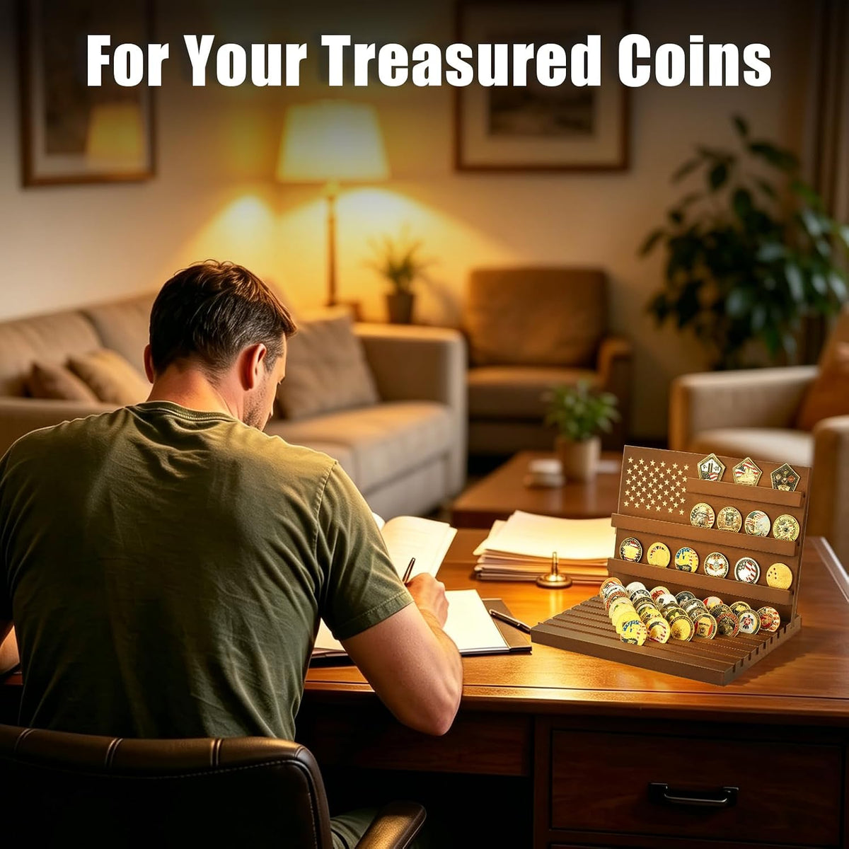 Challenge Coin Display, Walnut Military Coin Holder Tabletop Case