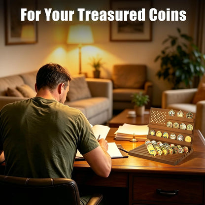 Challenge Coin Display, Walnut Military Coin Holder Tabletop Case