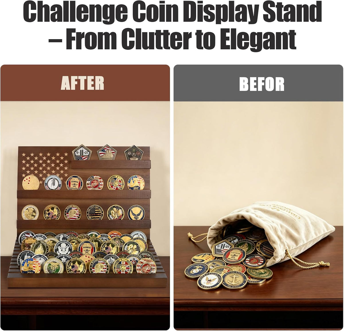 Challenge Coin Display, Walnut Military Coin Holder Tabletop Case