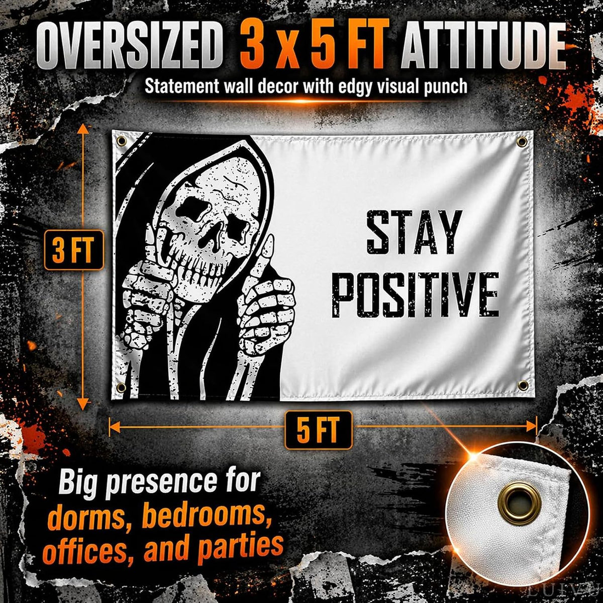 3X5 Flag "Stay Positive" with Four Brass Grommets - Vintage Skull