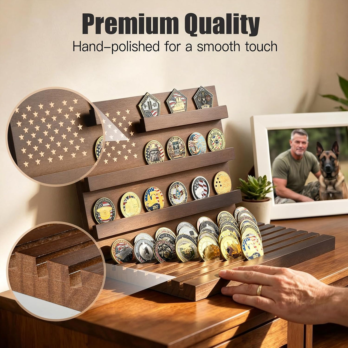 Challenge Coin Display, Walnut Military Coin Holder Tabletop Case