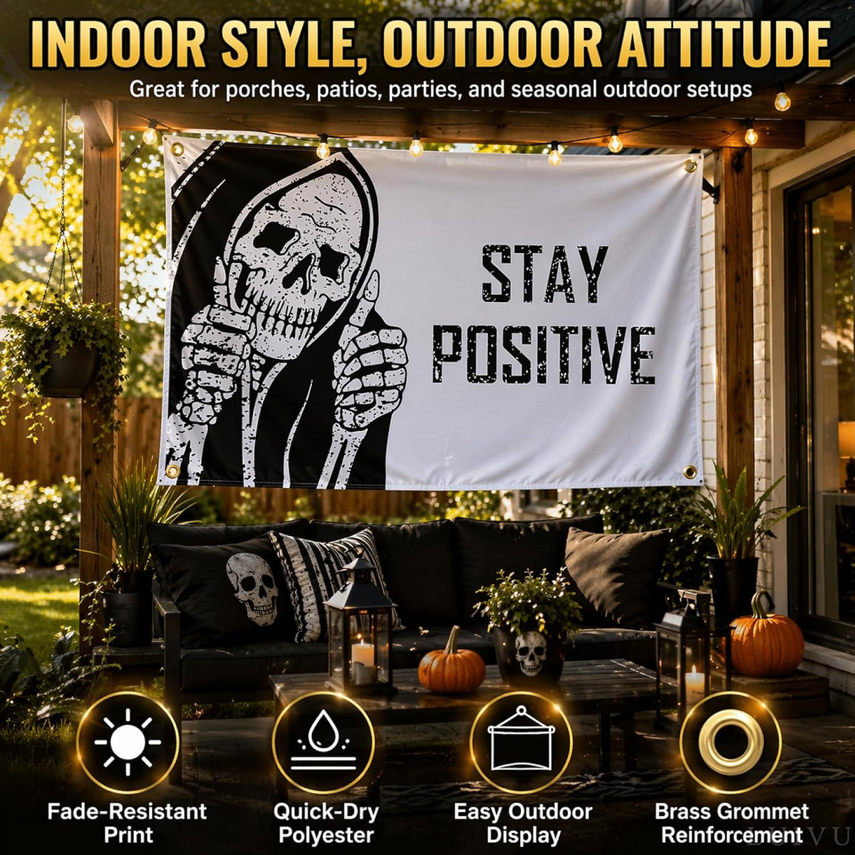 3X5 Flag "Stay Positive" with Four Brass Grommets - Vintage Skull