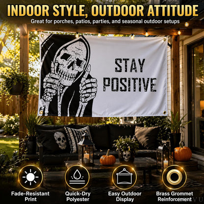 3X5 Flag "Stay Positive" with Four Brass Grommets - Vintage Skull