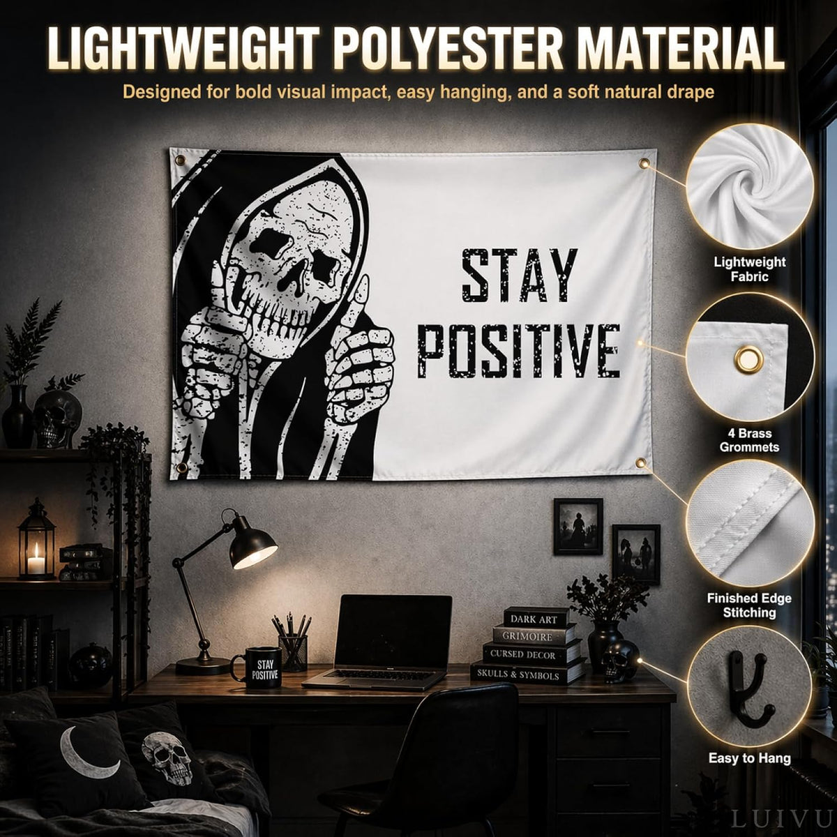 3X5 Flag "Stay Positive" with Four Brass Grommets - Vintage Skull