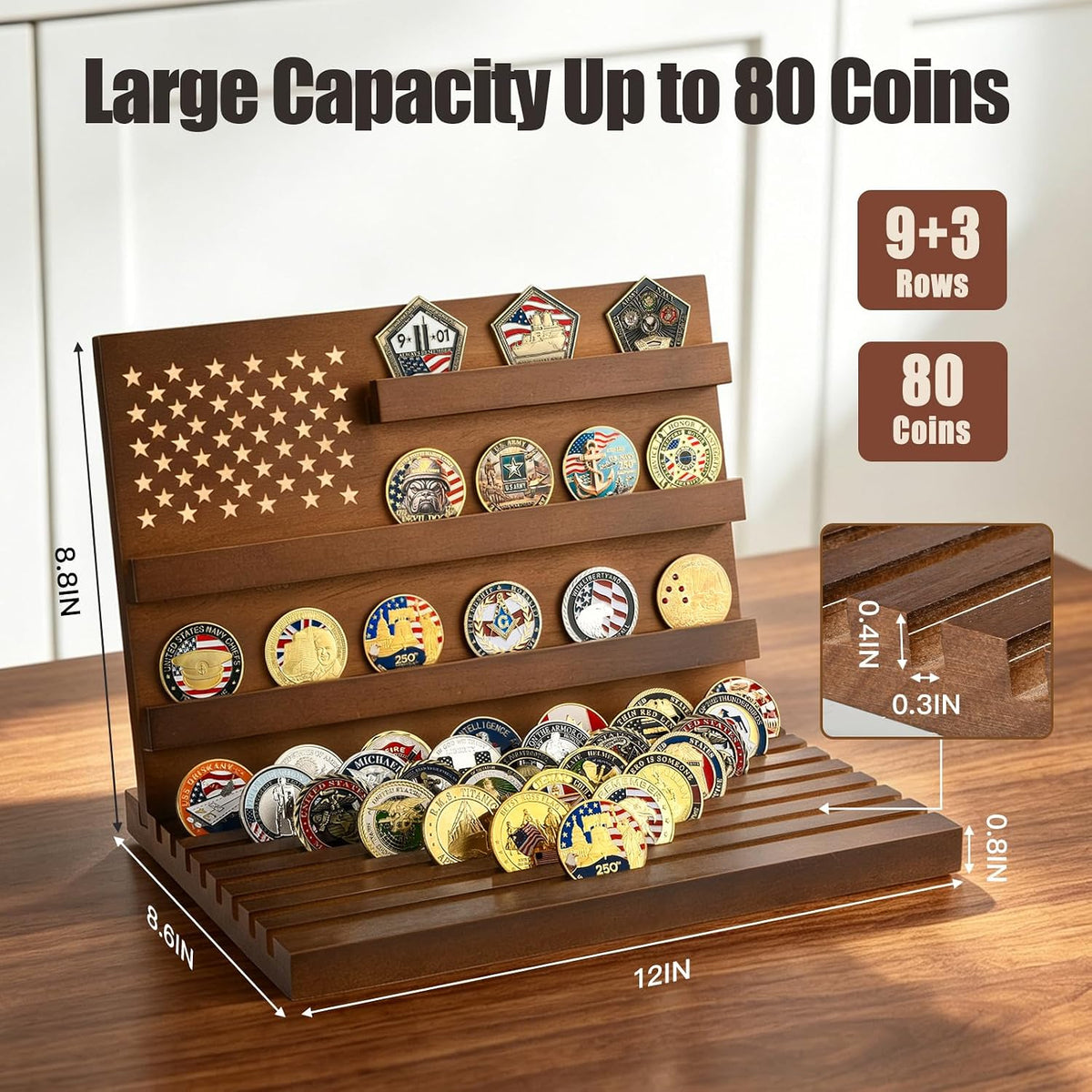Challenge Coin Display, Walnut Military Coin Holder Tabletop Case