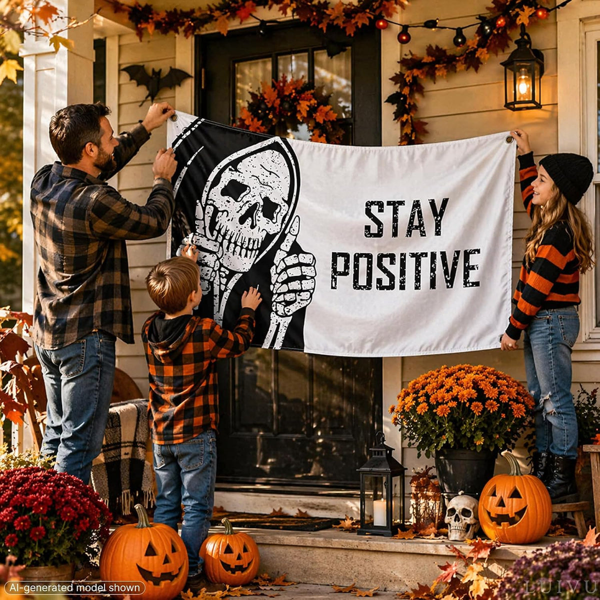 3X5 Flag "Stay Positive" with Four Brass Grommets - Vintage Skull