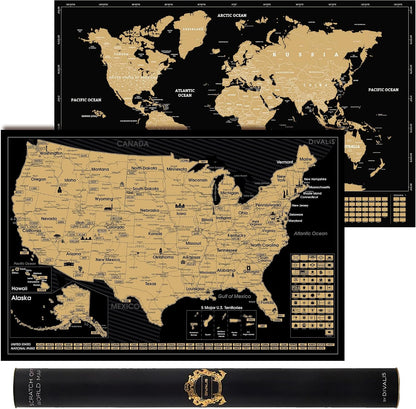 2 in 1 Gift Set - Scratch off World Map and US Scratch off Map - Easy to Frame Scratchable World and United States of America Posters - Globetrotters Wall Map - Black and Gold Travel Tracker