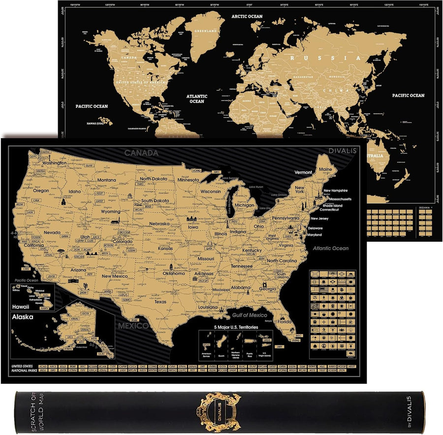 2 in 1 Gift Set - Scratch off World Map and US Scratch off Map - Easy to Frame Scratchable World and United States of America Posters - Globetrotters Wall Map - Black and Gold Travel Tracker
