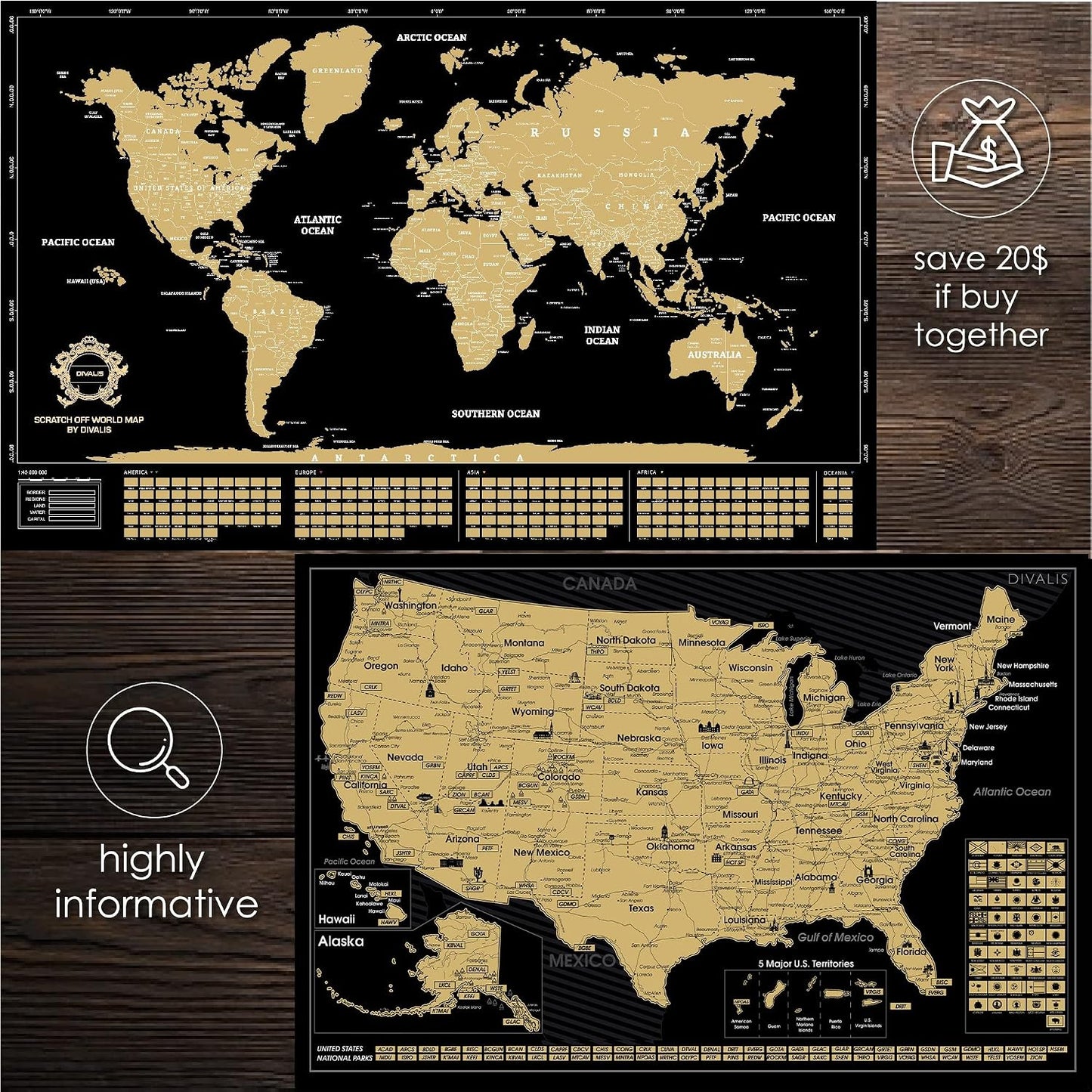 2 in 1 Gift Set - Scratch off World Map and US Scratch off Map - Easy to Frame Scratchable World and United States of America Posters - Globetrotters Wall Map - Black and Gold Travel Tracker