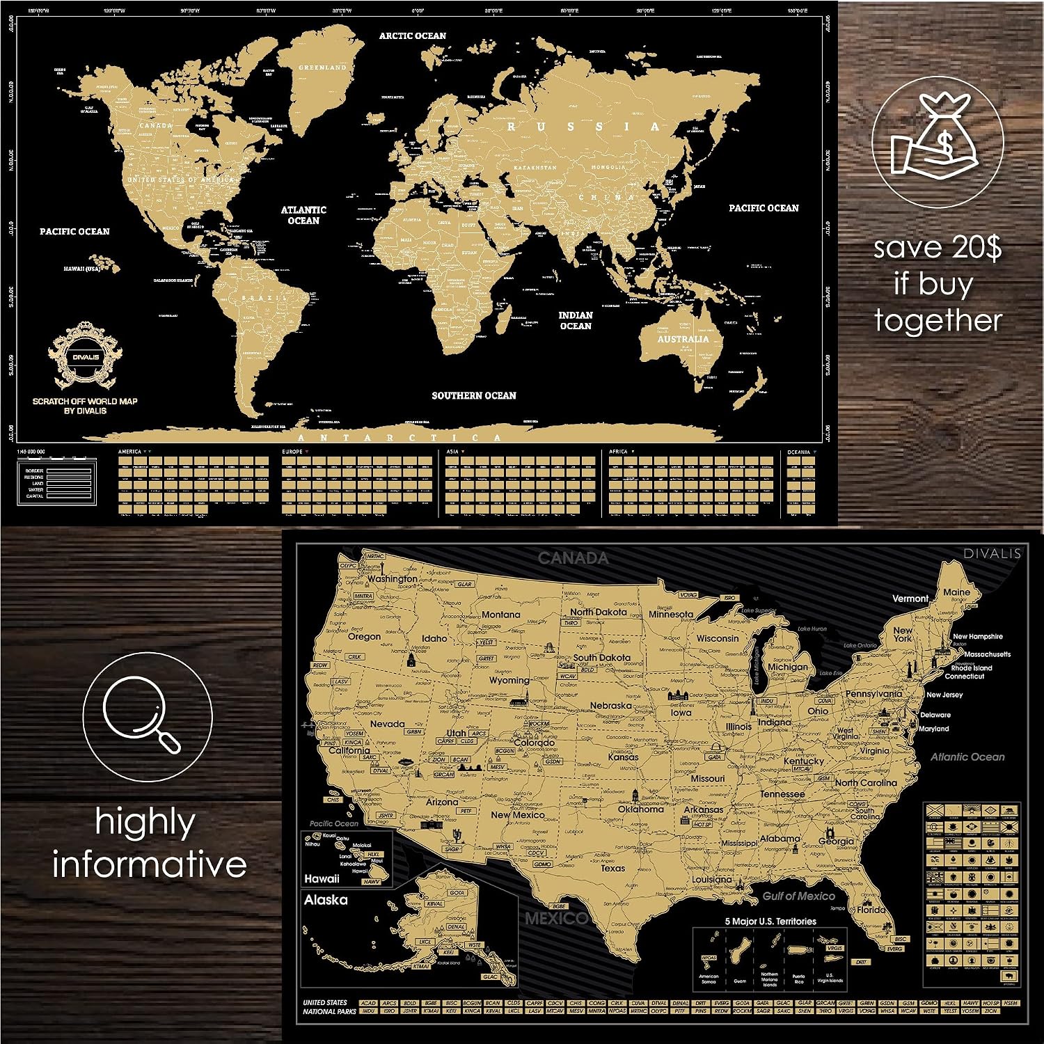 2 in 1 Gift Set - Scratch off World Map and US Scratch off Map - Easy to Frame Scratchable World and United States of America Posters - Globetrotters Wall Map - Black and Gold Travel Tracker