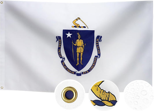Double Sided Massachusetts State Flag 3X5 Outdoor the Longest Lasting MA Flags Heavy Duty 210D Nylon, Sewn Stripes, Embroidered, Stronger Brass Grommets,4 Stitched Hemming, Perfect for Outside